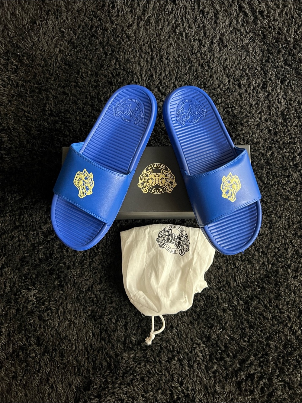 Darc Sport Blue Slide Sandals with Yellow Wolf Logo